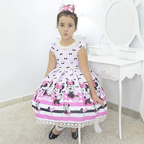Vestido infantil tema Minnie Rosa com bordado em perolas