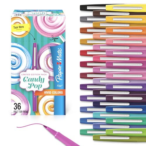 Paper Mate Flair Felt Tip Pens, Medium Point (0.7mm), Limited Edition Candy Pop Pack, 36 Count - Perfect for Teachers, Students, Expressive Writing, Drawing