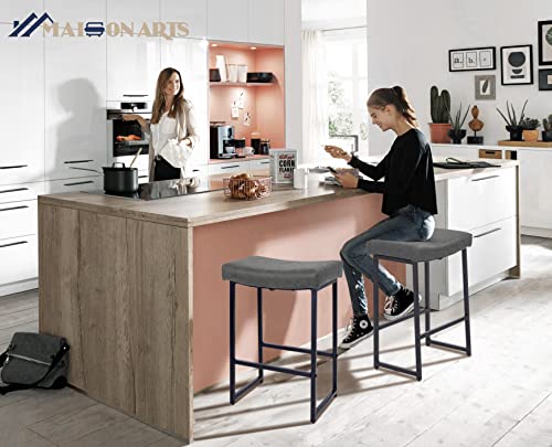 Maison Arts Grey Bar Stools Set Of 2 Counter Height 24 Inches Saddle Stools For Kitchen Counter Backless Modern Barstools Upholstered Faux Leather Stools Farmhouse Island Chairs, Grey, 2Pcs #TOP3