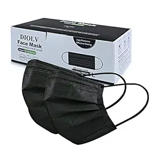 DIOLV Disposable Face Mask Women Men Adult 3 Layer Filtration, 50Pcs/Pack, Black, Medium