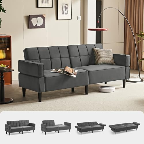 LINSY HOME Sofa mit Schlaffunktion, Schlafsofa mit Verstellbarer Rückenlehne Armlehnen, 3 Sitzer Sofa mit Bettfunktion aus Samtstoff, 230 x 100 cm Liegefläche, Ideal für Wohnu (Grau)