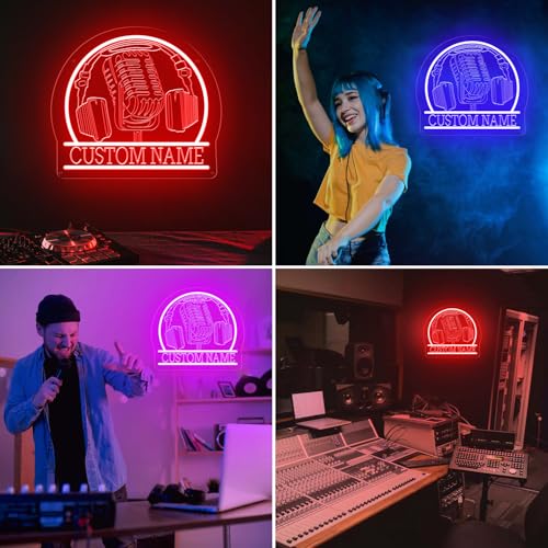Image of Custom Recording Neon Sign, Personalized Microphone Headphones Name LED Sign, Customized Gifts for Musicians Audiophiles Enthusiasts , Dimmable Large Neon Light Up Music Signs, Music Studio Room Decorations