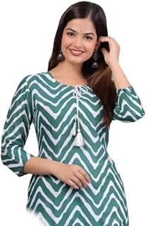 Women's Round Neck Wave Printed Dark Green Straight Fit 3/4th Sleeves Kurti Price In India