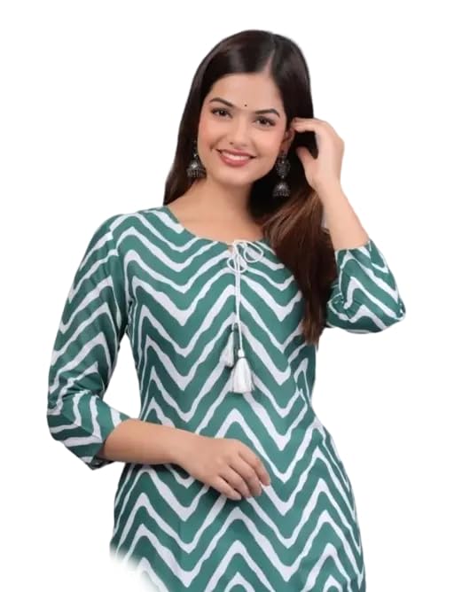 Image of Women's Round Neck Wave Printed Dark Green Regular Fit 3 /4th Sleeves Kurti