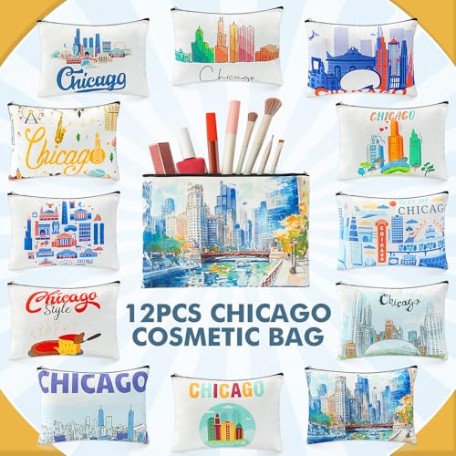 Reginary 12 Pcs Chicago Souvenirs Makeup Bag Travel Gift Cosmetic Bag Trip Favors Chicago City Themed Gifts for Traveller Birthday Christmas Bachelorette Party Favors3