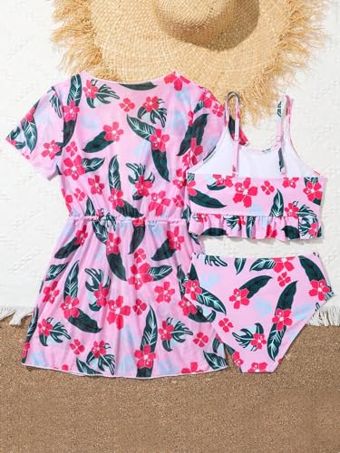 Image of WDIRARA Girl's 3 Pieces Floral Print Swimsuits Ruffle Trim Bikini Set Bathing Suit with Beach Cover Up