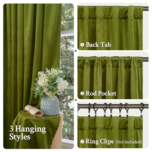 LAMIT Moss Green Velvet Curtains for Living Room 102 Inch Length, Vintage Thermal Insulated Room Darkening Drapes Super Soft Back Tab and Rod Pocket Panels for Bedroom, 2 Panels, 52 x 102 Inch