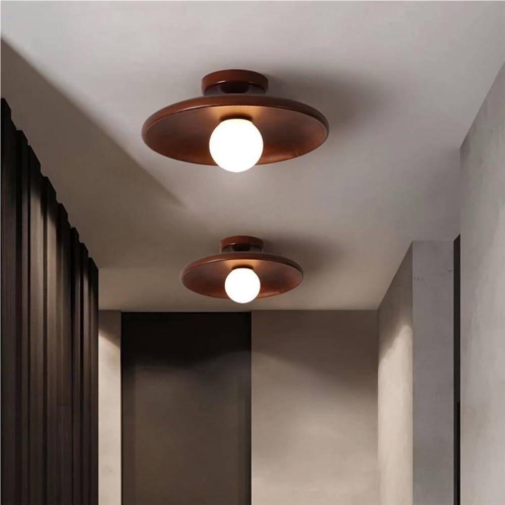 Okrągła Drewniana Lampy Sufitowa Minimalistyczna, Plafon z Oświetlenie Sufitowe Szklane do Przedpokoju lub Kuchni(Walnut(3 modes),35cm/13.77in)