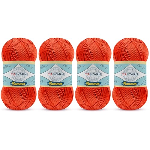 Image of TROYARN Summer (4- Skeins Pack) Silk Effect Hand Knitting Yarn Crochet Art Lace Craft 100% Microfiber Acrylic 4x100 gr (4x383 yds) (105037 - Orange)