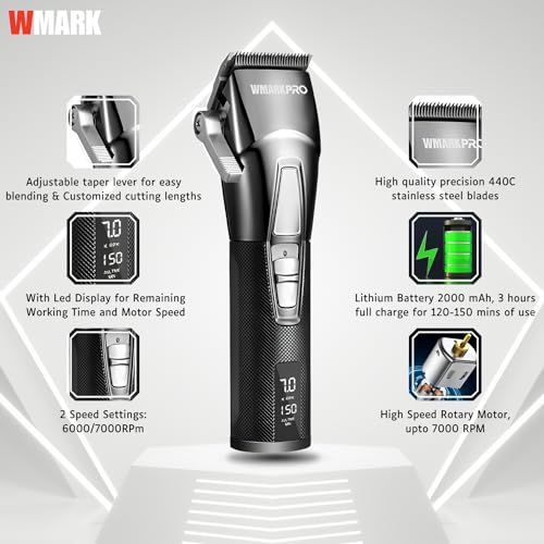 Image of WMARK NG-2036 Professional Zero Gapped Hair Clipper Self Sharpening Blade 6000 /7000 RPM 2 Speed Magnetic Motor Charging Adapter 8 Guide Comb Taper Lever Adjustment Runtime 120-150 min 2000 mAh, Black