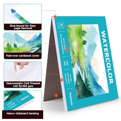 Image of Hapikalor 18 inchx24 inch Large Watercolor Paper Pad, 1-Pack 30 Sheets 140lb /300gsm Artist Painting Large Drawing Pad, Art Supplies for Adults Kids, Watercolors, Watercolor Paint Set, Sketchbook, Teal