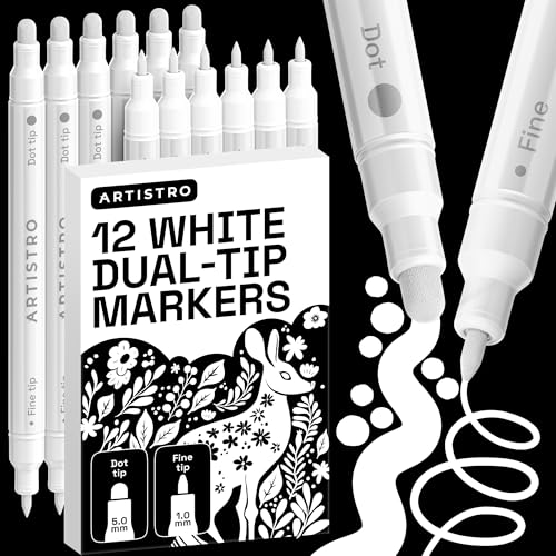 Image of ARTISTRO 12 White Dual-Tip Acrylic Paint Markers - Paint Pens Set with Dot & Fine Tips for Fabric, Rock, Glass, Wood, Coloring Books - Arts & Crafts Gift - Classroom Must Haves & School Supplies