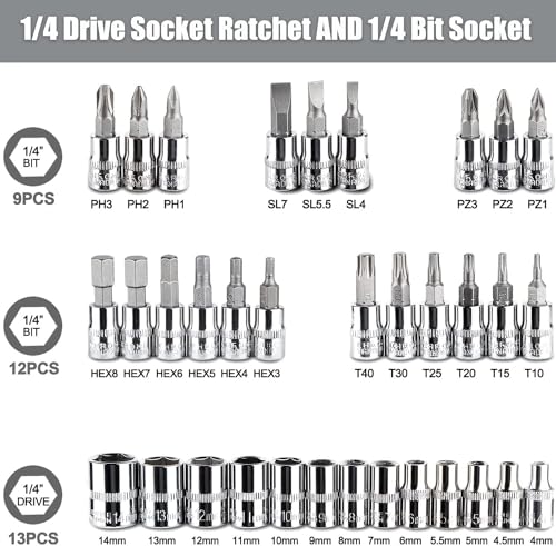 Image of KBZONE 46Pcs 1 /4 Inch Drive Box End Socket Set,Metric Ratchet Wrench Set With 4-14Mm Cr-V Sockets,S2 Bits,Extension Bars,Mechanic Tool Kits For Household Auto Repair (Black), Chrome Vanadium Steel