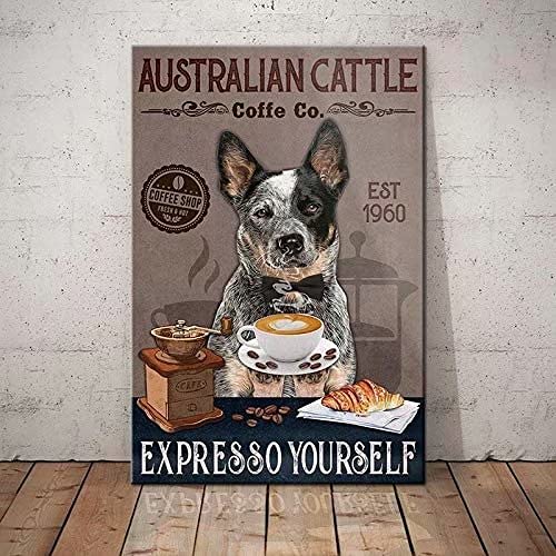 Ensound Targa in metallo con divertente cane e caffè, decorazione vintage per casa, cucina, bagno, fattoria, giardino, garage, citazioni motivazionali, decorazione da parete, 20 x 30 cm