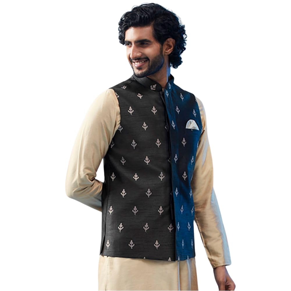 kisah Men's Nehru Jacket, Black Silk Blend, Embellished Mandarin Collar Regular Fit Sleeveless-picture-31