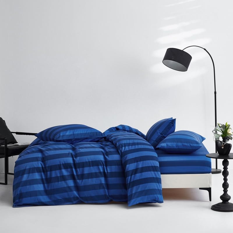 Gezu Bettwäsche 135x200 Baumwolle Gestreift Blau, Renforce Baumwolle Bettwäsche-Sets Atmungsaktiv,Weich, Öko-Tex 100 Zertifiziert,mit Reißverschluss und 1 Kissenbezug 80x80cm-Marineblau