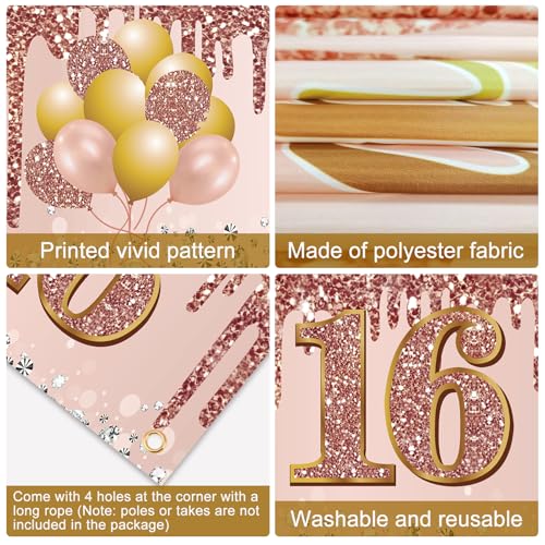Image of Excelloon Sweet 16 Party Decorations for Girls, Pink Rose Gold Happy 16th Birthday Yard Banner Party Supplies, 16 Year Old Teenager Bday Background Sign for Outdoor Indoor