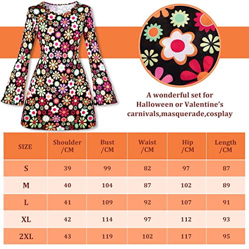 70S 80S Women Hippie Costume Set Disco Outfit Women Peace Sign Earring Necklace Headband Dress For Halloween Cosplay (Small) #TOP1