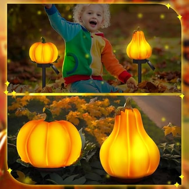 2 Pcs Fall Solar Lights Pumpkin Outdoor Thanksgiving Halloween Decoration Waterproof Light up Pumpkin Yard Sign for Fall Harvest Decor Porch Garden Lawn(Orange)