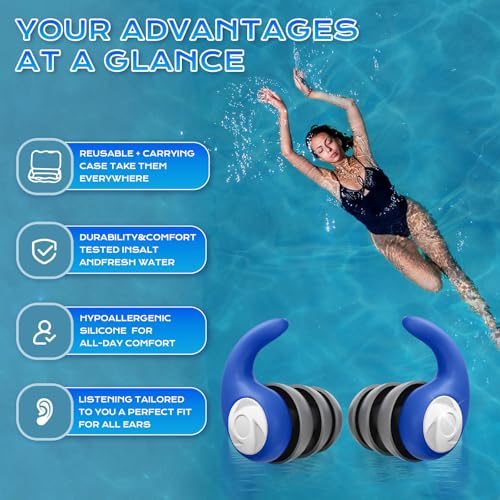 Waterproof Swimming Ear Plugs for Adults - 3 Pairs of Reusable Soft Silicone Swim Earplugs,Perfect for Surfing, Diving,Pool,Showering and Other Water Sports - Keep Water Out and Ear Protection