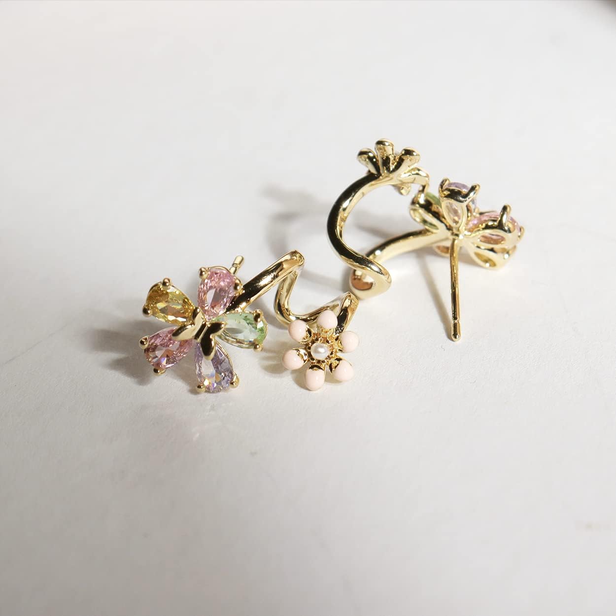 Jean Beau Dainty Cubic Zirconia Leaf Gold Ear Cuff Earrings for Women, Cute Trendy Rhinestone Sparkly Dangling Cartilage Wrap Everyday Prom Fashion Jewelry Gift