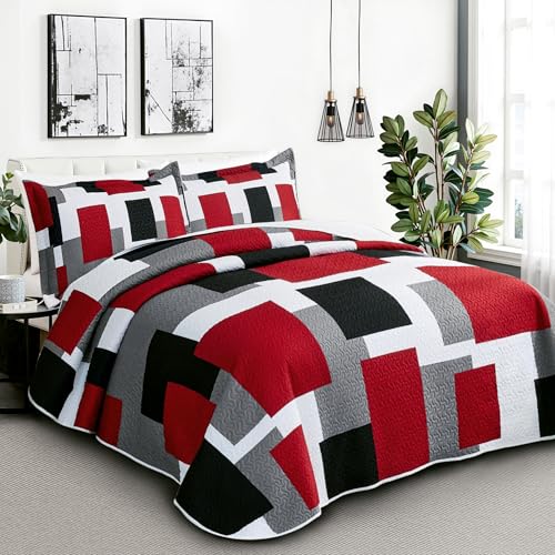 Image of Tyrot 3 Piece Red Black Grey Quilts King Size Red White Gray Bedding Set | Lightweight Bedspread, Geometric Coverlet with 2 Sham, Modern Abstract Soft Microfiber, Bed Cover for All Season, 106''x96''