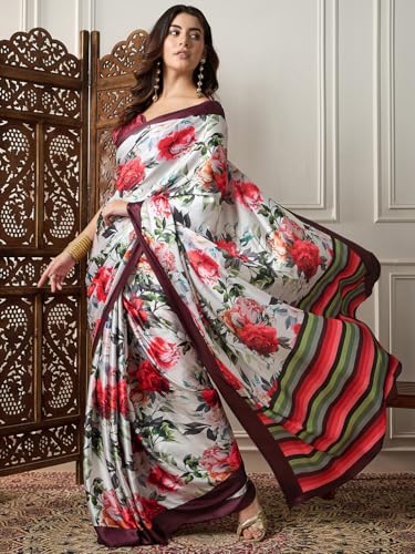 Image of AKHILAM Women's Multicolor Satin Silk Floral Printed Saree With Unstitched Blouse (SATIN1403 RJ11 Parent)