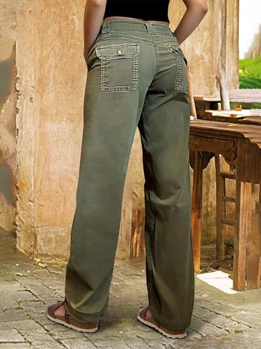 Flamingals Women Straight Leg Mid Rise Casual Solid Seam Front Flap Pocket Pants2