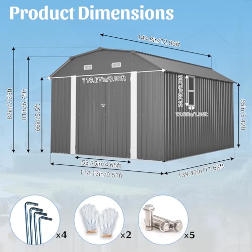 Image of YOPTO 10x12 FT Outdoor Storage Shed,Heavy Duty Metal Shed W /Floor Frame & 2 Windows,Garden Shed W / 4 Air Vents,Diamond-Shape Roof & Lockable Door,for Backyard,Patio,Lawn,Grey