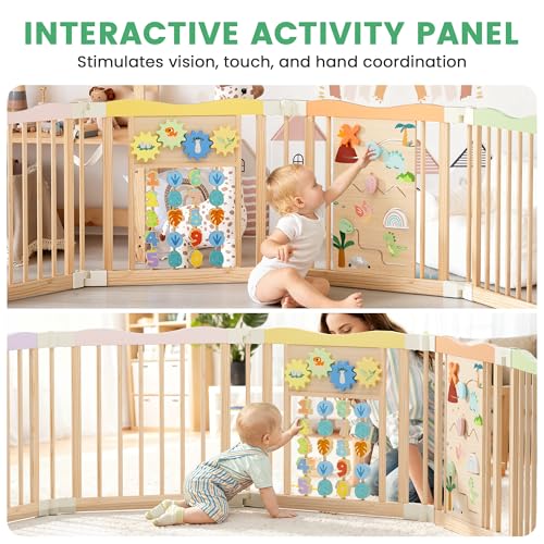 Image of Foldable Wooden Playpen - Adjustable Wood Baby Play Yard with Child-Proof Lock, Indoor Large Safety Fence for Babies and Toddlers - Easy Assembly, 55 x 55 x 24 inches, Dino Land, Colorful