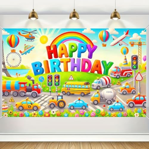 Image of BlissYard Car Birthday Backdrop 70x43 Inch Transportation Party Decor | Transportation Birthday Decorations Truck Backdrop Boys Birthday Party Decorations Photography Supplies