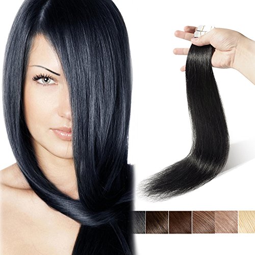 100% Remy Tape in Hair Extension Human Hair Off Black #1B 18’’Professional Long Straight Seamless Skin Weft Hair Bonding Double Sided Tape 20Pcs/30g+ 10pcs Free Tapes