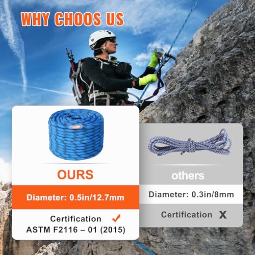VEVOR statisches Kletterseil 12,7 mm, 45,7 m Outdoor-Kletterseil aus Polyester, 32 kN Bruchfestigkeit, Faserseil Mehrzweckseil für Flucht, Abseilen, Brandrettung, Blau
