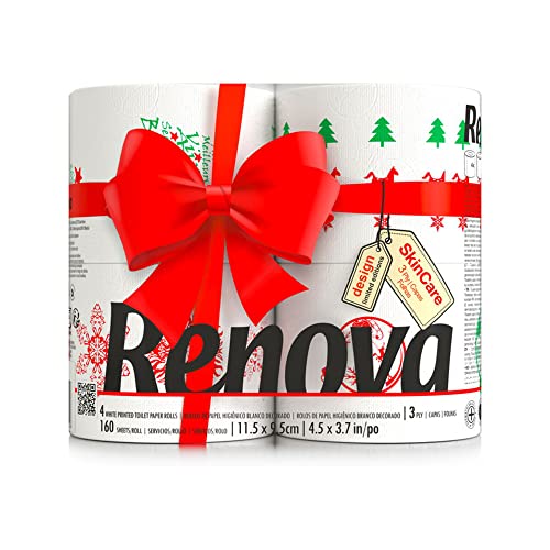 Renova Festive Christmas Toilet Rolls Soft & Absorbent Holiday Tissue with Unique Illustrations | 4-Pack | 160 Sheets Per Roll 3 Ply