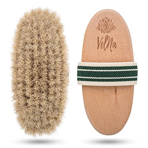 VELNA Körperbürste und Gesichtsbürste aus Rosshaar im Set. Natürliche Borsten feinem Pferdehaar, perfekt gegen Cellulite. Trockenbürste Pferdehaarbürste mit elastischem Haltegriff, Beige, 15x11x4,5