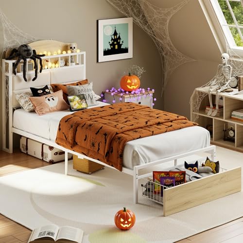 LIKIMIO Twin Bed Frame with Guardrail & Bedside Caddy, Multifunctional Headboard with Charging Station, Durable Metal Platform Bed, Noise-Free, No Box Spring Needed, White