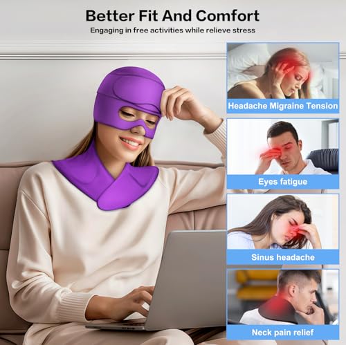Image of 3 in 1 Migraine Relief Cap Neck Ice Pack Wrap Gel and Ice Eye Masks, Detachable Ice Caps with Eyes Masks, Hot and Cold Therapy for Relief of Headaches, Stiff Neck and Eye Fatigue (Purple)