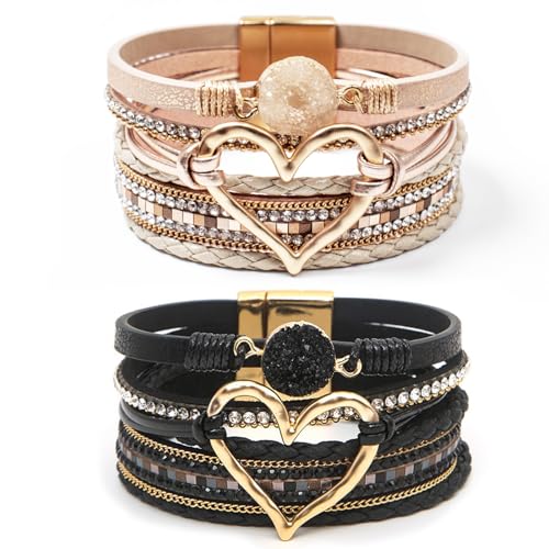 2Pcs Leather Wrap Bracelets for Women, Layered Heart Bracelet with Clasp, Multilayer Stack Boho Leather Bracelets for Women