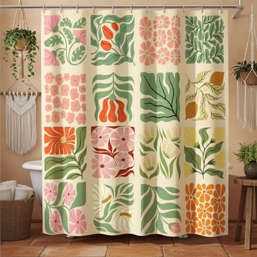 JAWO Retro Shower Curtain Vintage Abstract Boho Floral Shower Curtains for Bathroom Decor Pink Yellow Botanical Geometric Groovy Aesthetic Pattern Shower Curtain Sets with Hooks 70X70IN