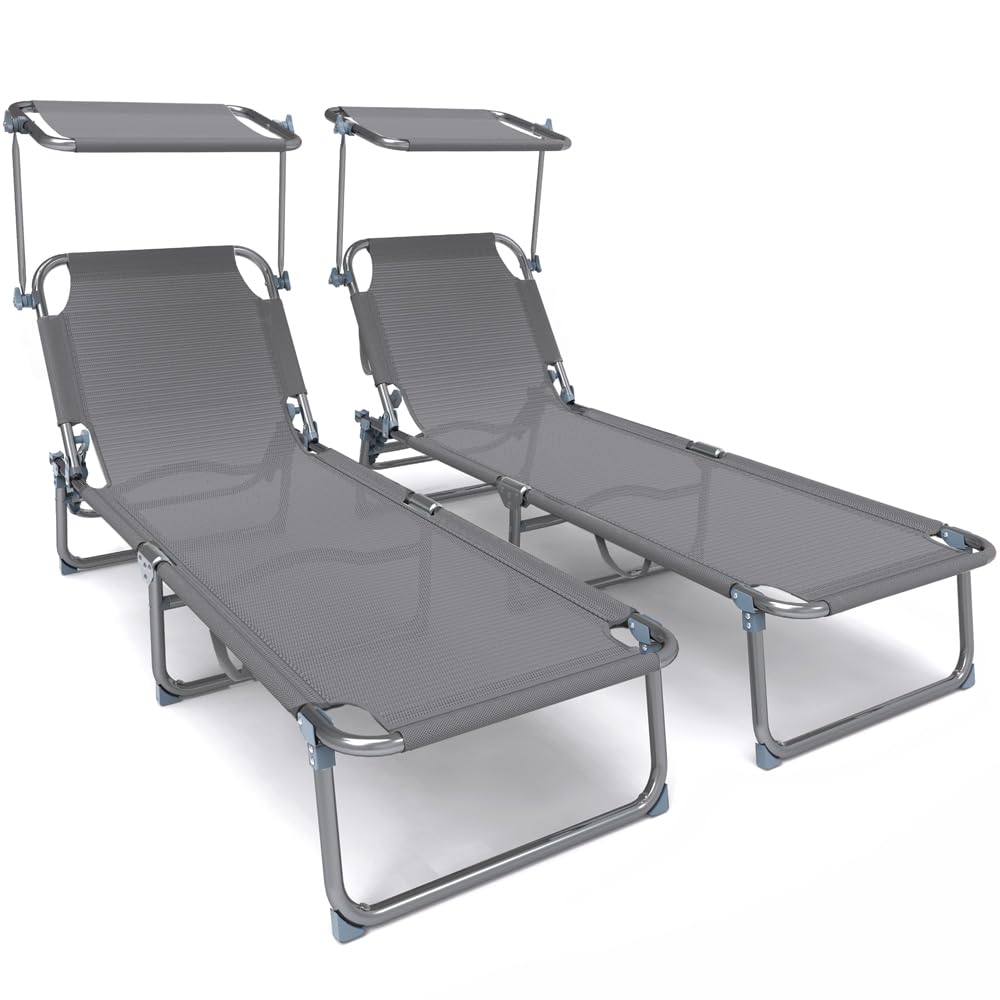 VOUNOT Juego de 2 Tumbonas Plegables con Parasol, Tumbona Playera Reclinable 4 Posiciones, Estructura Acero y Tejido Textileno, Peso Máx. Soportado 110kg para Piscina, Jardín, Playa 190x58x27cm, Gris