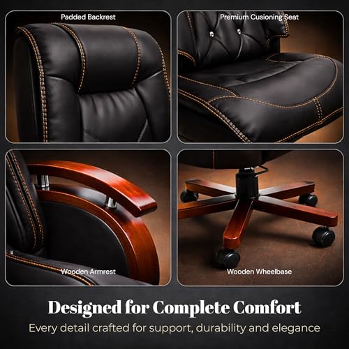 Image of Director & CEO Chair Premium High Back PU Leatherette Office Chair with Wooden Base & Armrests, Ergonomic Recliner Swivel Chair (Black) | 5 Years Warranty & Free Assembly