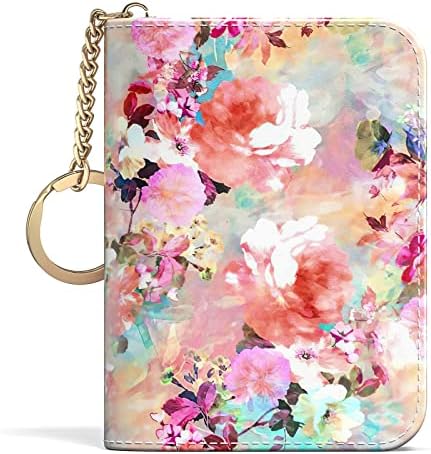 Aiawoxc Credit Card Holder for Women, Small RFID Card Wallet Slim Leather Card Organizer Case with Zipper Keychain(Watercolor Flower)