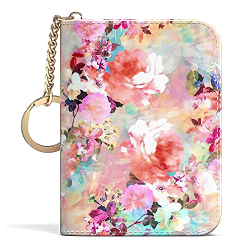 Image of Aiawoxc Credit Card Holder for Women, Small RFID Wallet Slim Leather Card Organizer Case with Zipper Keychain, Watercolor Flower