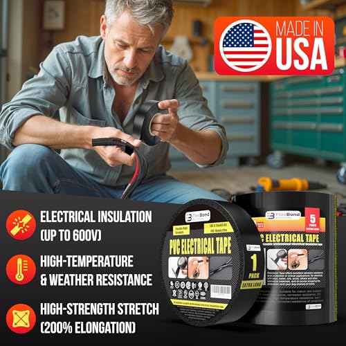 Image of Electrical Tape for Home Improvement, Professional Use, DIY - 3 /4 Inch 66 Feet Roll Electric Tape - Multipurpose Temperature Resistant Black Electrical Tape for Wire and Cable Splices, Repairs (5)