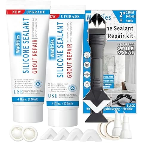8Oz Black Waterproof Caulk & Seal Silicone Sealant, Wadities Tile Grout Repair Kit with Grout Remove Scraper, Shrink & Crack Proof for Bathroom, Shower, Kitchen, Floor (4Oz, Pack of 2) Cover