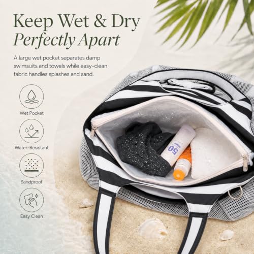 Image of LEDAOU Large Beach Bag Women Waterproof Sandproof Zipper Beach Tote Pool Bag for Swim Gym Grocery Travel with Wet Pocket