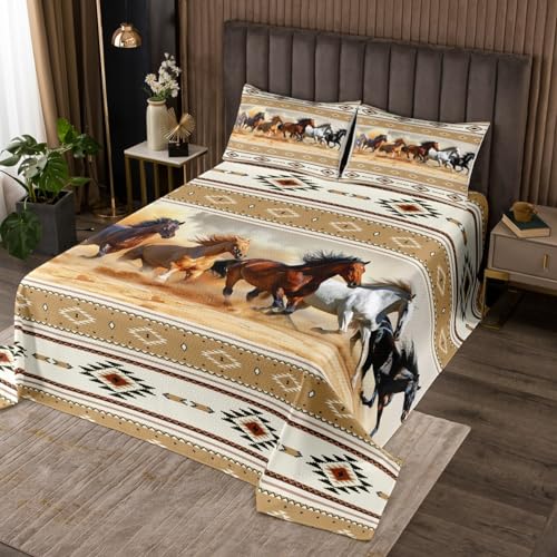 Wild Animal Retro Ethnic Tribal Bedspread King,Exotic Bohemian Theme Quilted Coverlet 3pcs for Adults Teens Room Decor,Running Horse Soft Breathable Bedding Quilt