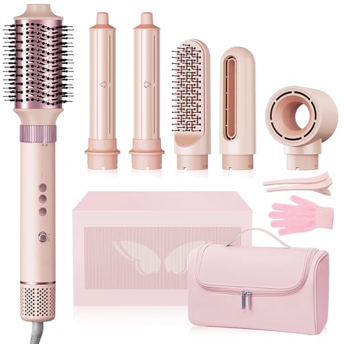 6 in 1 Hair Styler, High Speed Ionic Hair Dryer with Auto-Wrap Curlers, Blow Dryer Oval Brush & Volumizer, No Heat Damage Hot Air Styler for Fast Drying, Curling, Smoothing & Volume (Pink)