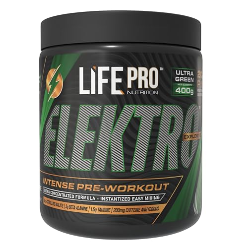 Pre Entreno Life Pro Elektro 400g - Pre Workout con Citrulina Malato 8000mg, Beta Alanina 3000mg, Taurina 1500mg y Cafeína 200mg - Preentreno gimnasio fuerte - Energía y Rendimiento (Ultra Green)