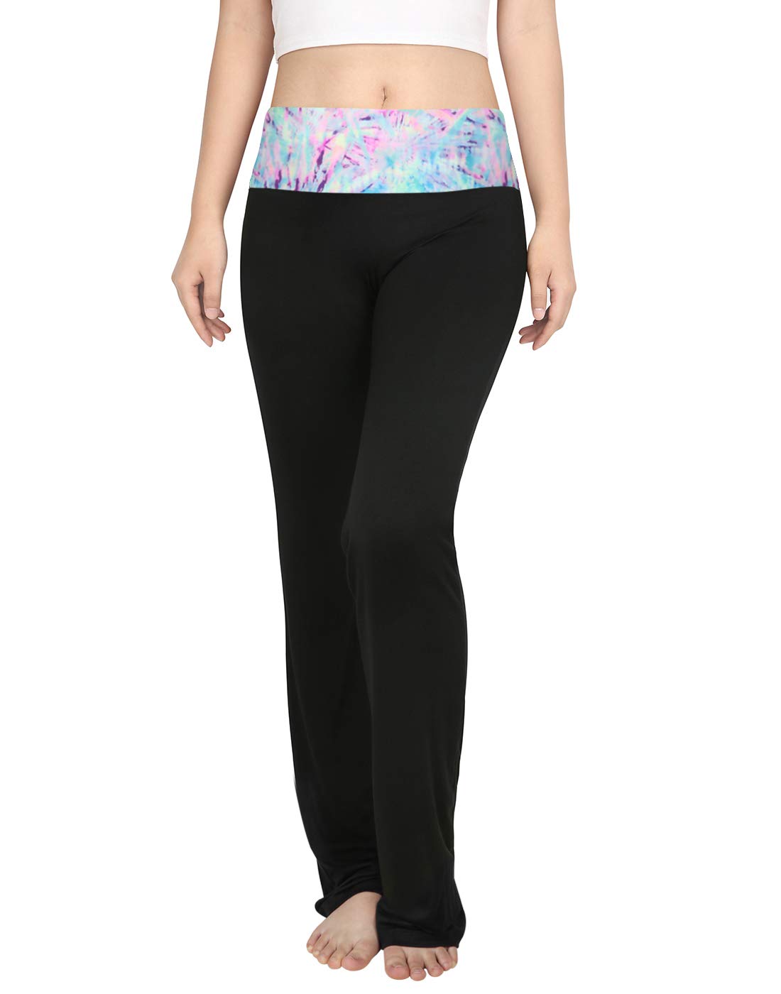 Women's Color Block Fold Over Waist Yoga Pants Flare Leg Workout Leggings